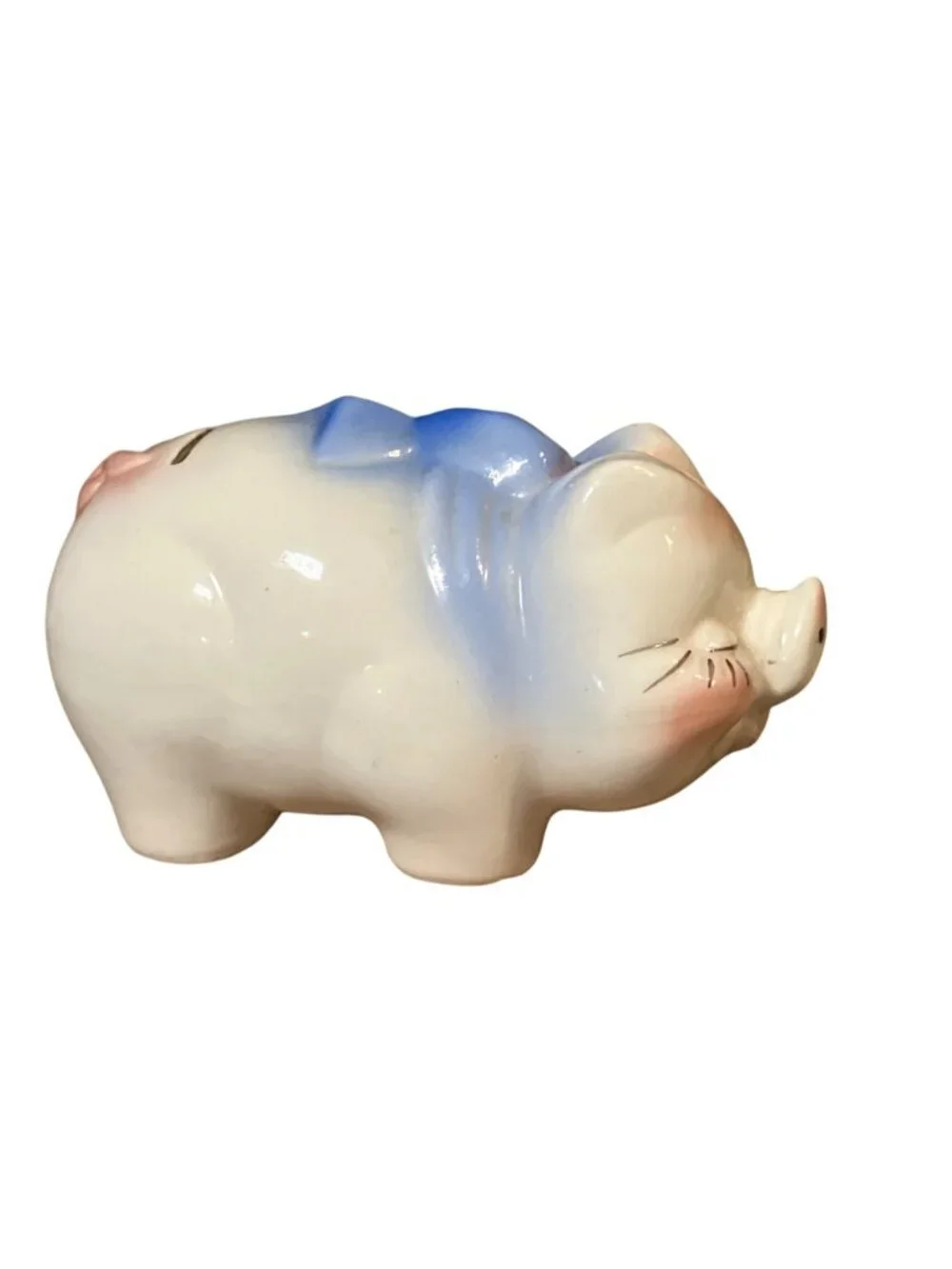 Vintage Ceramic Piggy Bank With Blue Bow and Pink Accents
